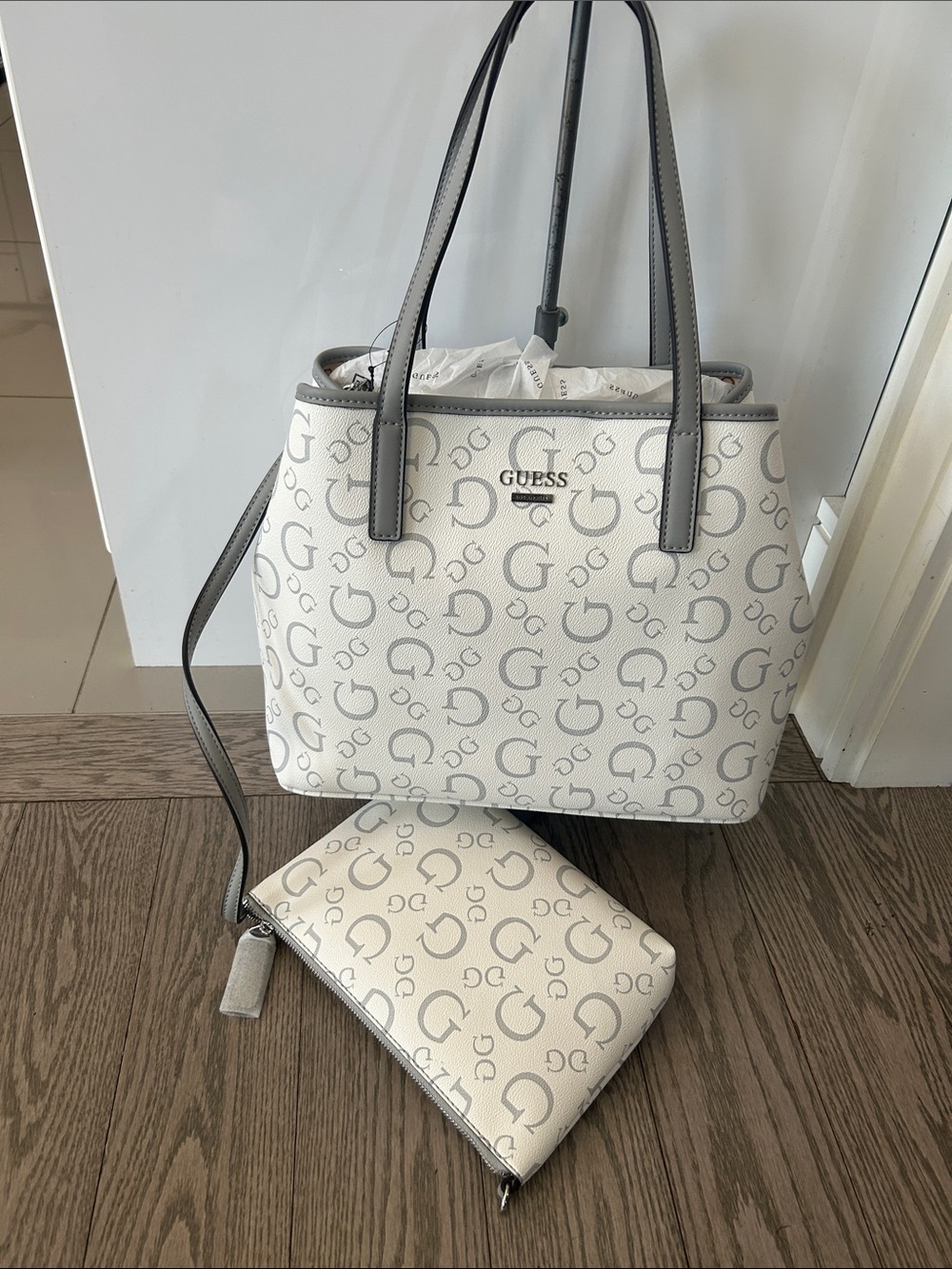 GUESS White and Light Gray Monogram Tote with Matching Pouch